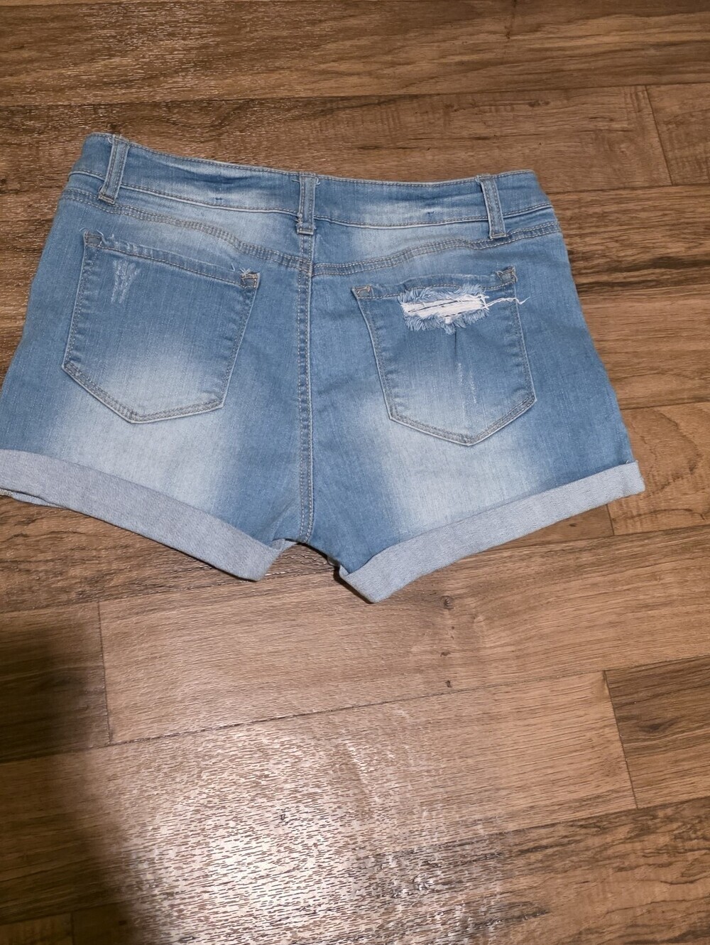 Light Blue Distressed Denim Cuffed Women's Shorts - Picture 2 of 4